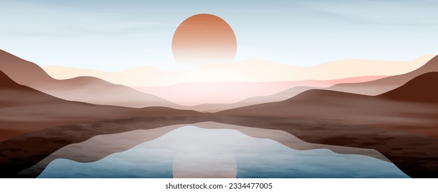 Entorno de arte minimalista con montañas y agua al atardecer o amanecer. Banner vectorial de estilo acuático para decoración, impresión, papel pintado, diseño interior, afiche, textil.