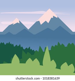 Landscape minimalistic, mountains, sea, trees, flat, isolated, vector, illustration
