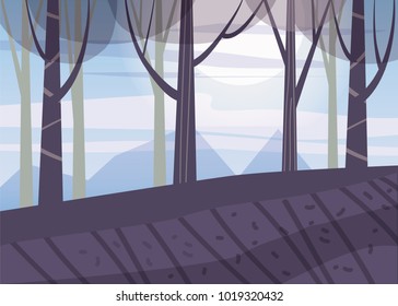 Landscape minimalistic, spring, sea, trees, sun, flat, isolated, vector, illustration