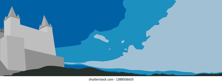 Landscape minimalistic vector illustration. Castle valley hills on blue background.  Vector blue sky clouds. Medieval panorama