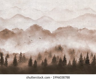 Landscape with misty forest trees on vintage background. Traditional oriental ink painting sumi-e, u-sin, go-hua.