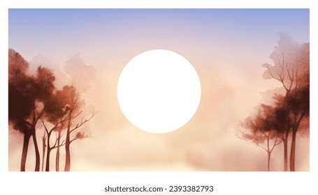 Landscape with misty forest trees and sunrise sky. Traditional oriental ink painting sumi-e, u-sin, go-hua. 