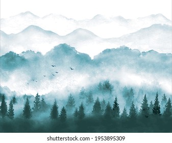 Landscape with misty green forest trees. Traditional oriental ink painting sumi-e, u-sin, go-hua.