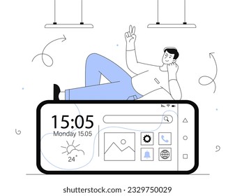 Landscape mode at smartphone line concept. Man on phone screen. Interface for mobile programs and applications, UI and UX design for website and software. Linear flat vector illustration