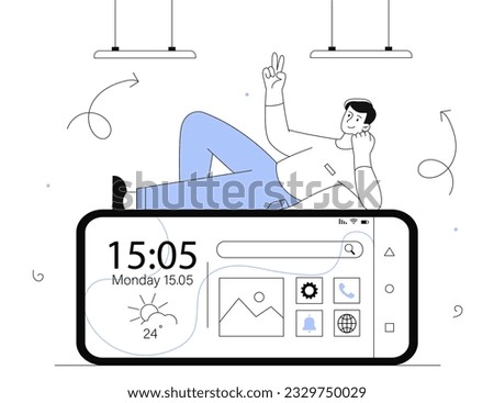 Landscape mode at smartphone line concept. Man on phone screen. Interface for mobile programs and applications, UI and UX design for website and software. Linear flat vector illustration