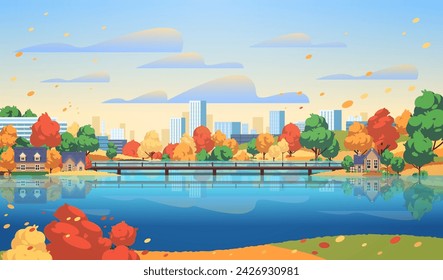 Landschaft der modernen Stadt mit Park und See. Asiatische Geschäftsstadt flache Vektor-Illustration