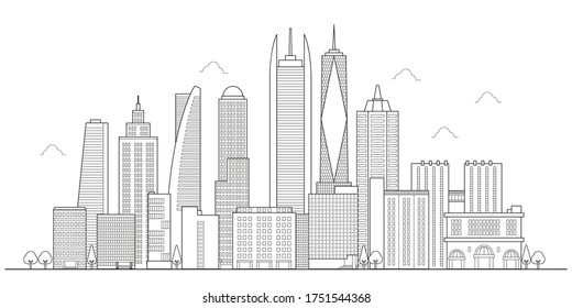 Landscape of modern and high buildings. Architecture, structure, house facades, exterior, outdoors. Vector illustration, linear, thin line art, outline, hand drawn, sketch.  