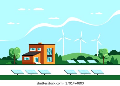 Paisaje con Casa Moderna, Paneles Solares y Turbinas Eólicas. Eco House, Energy Efective House, Green Energy Conception Banner Design. Ilustración vectorial de estilo plano.