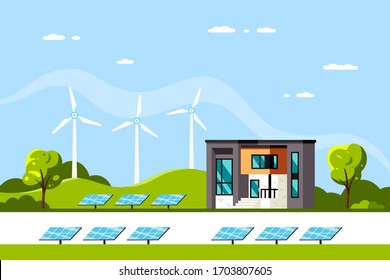 Paisaje con Casa Moderna, Paneles Solares y Turbinas Eólicas. Eco House, Energy Efective House, Green Energy Conception Banner Design. Ilustración vectorial de estilo plano.