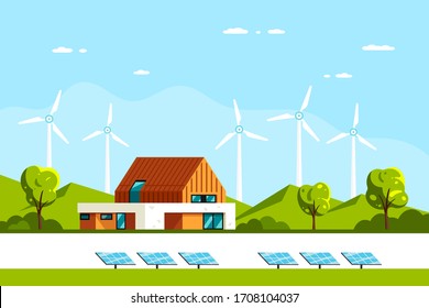 Landscape with Modern House, Solar Panels and Wind Turbines. Eco House, Energy Effective House, Green Energy concept banner design. Flat style vector illustration.