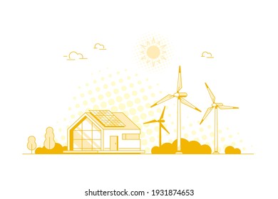 Landscape with Modern House, Solar Panels and Wind Turbines. Eco House, Energy Effective House, Green Energy concept banner design. Flat style vector illustration.