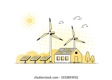 Landscape with Modern House, Solar Panels and Wind Turbines. Eco House, Energy Effective House, Green Energy concept banner design. Flat style vector illustration.