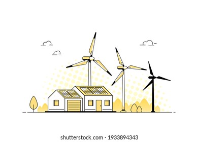 Landscape with Modern House, Solar Panels and Wind Turbines. Eco House, Energy Effective House, Green Energy concept banner design. Flat style vector illustration.