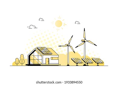 Landscape with Modern House, Solar Panels and Wind Turbines. Eco House, Energy Effective House, Green Energy concept banner design. Flat style vector illustration.