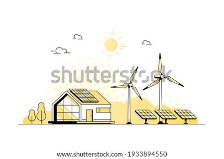 Landscape with Modern House, Solar Panels and Wind Turbines. Eco House, Energy Effective House, Green Energy concept banner design. Flat style vector illustration.