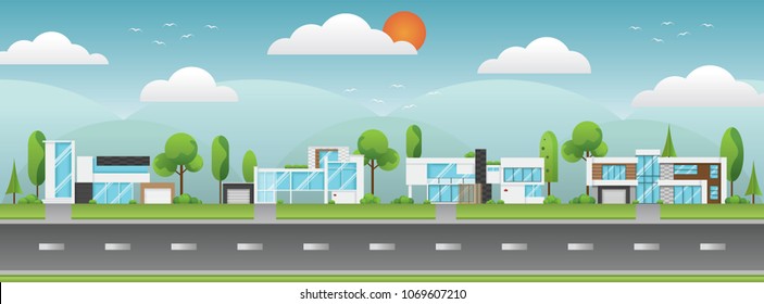 Landscape of modern houses with tree and clouds and along the roads, Modern building of home and architecture along the roads, Flat home vector illustration.