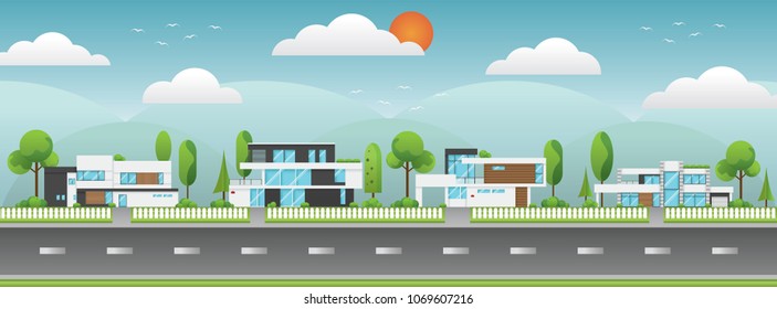 Landscape of modern houses with tree and clouds and along the roads, Modern building of home and architecture along the roads, Flat home vector illustration.