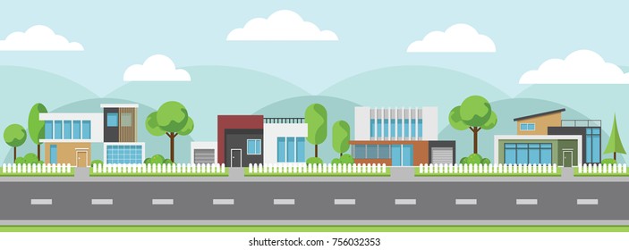 Landscape of modern houses with tree and clouds and along the roads, Modern building and architecture along the roads, Flat home vector illustration.
