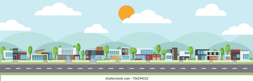 Landscape of modern houses with tree and clouds and along the roads, Modern building and architecture along the roads, Flat home vector illustration.