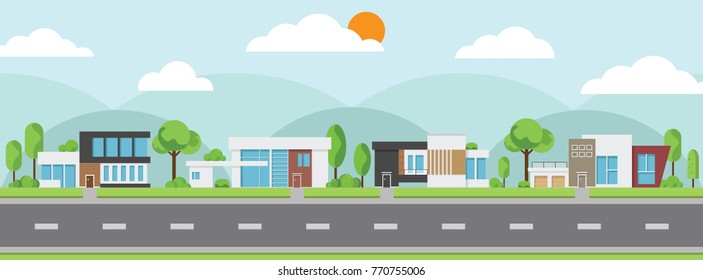 Landscape of modern houses with tree and clouds and along the roads, Modern building and architecture along the roads, Flat home vector illustration.