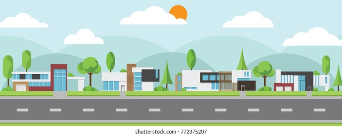 Landscape of modern houses with tree and clouds and along the roads, Modern building and architecture along the roads, Flat home vector illustration.