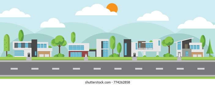 Landscape of modern houses with tree and clouds and along the roads, Modern building and architecture along the roads, Flat home vector illustration.
