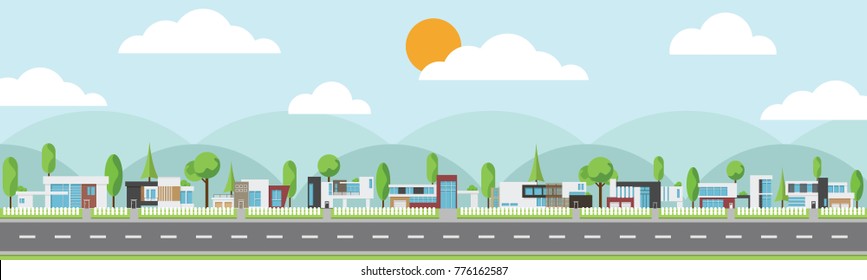 Landscape of modern houses with tree and clouds and along the roads, Modern building and architecture along the roads, Flat home vector illustration.