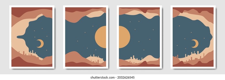 Landscape modern minimalist abstract background, Bohemian style wall decor collection, Set of boho style aesthetic illustration, Minimal art for print, social media, cover, wallpaper.