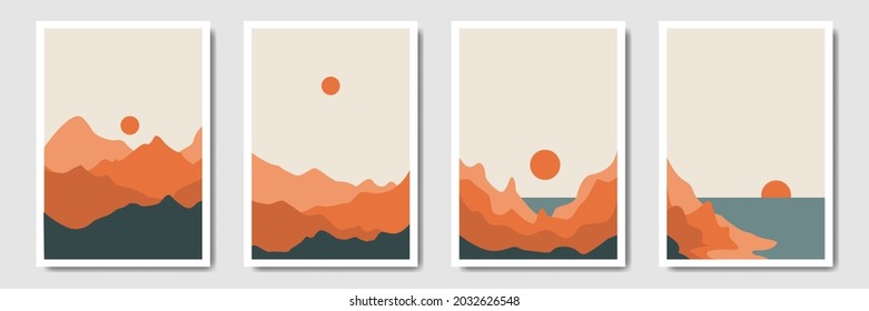 Landscape modern minimalist abstract background, Bohemian style wall decor collection, Set of boho style aesthetic illustration, Minimal art for print, social media, cover, wallpaper.