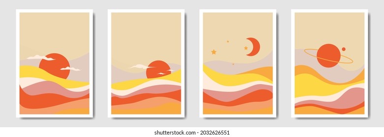 Landscape modern minimalist abstract background, Bohemian style wall decor collection, Set of boho style aesthetic illustration, Minimal art for print, social media, cover, wallpaper.