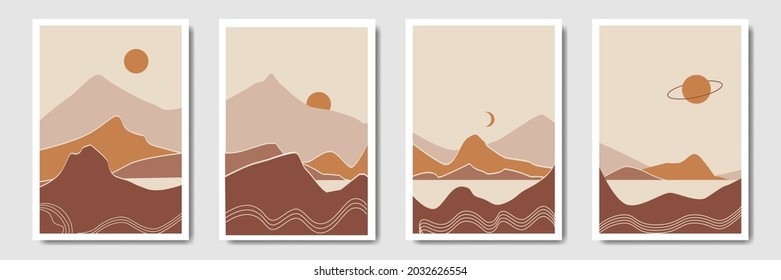 Landscape modern minimalist abstract background, Bohemian style wall decor collection, Set of boho style aesthetic illustration, Minimal art for print, social media, cover, wallpaper.