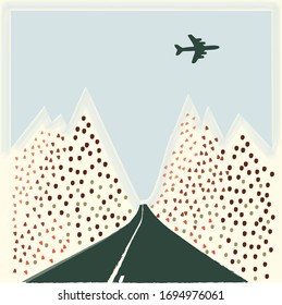 landscape with montains and road .
Airplane in the sky. Vector illustration
