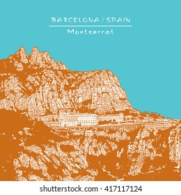Landscape with Montserrat mountain and monastery. Barcelona, Spain. Orange and turquoise vector illustration.