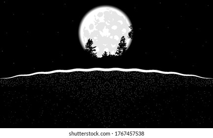 Landscape of the moon from the earth in black and white, vector art illustration.