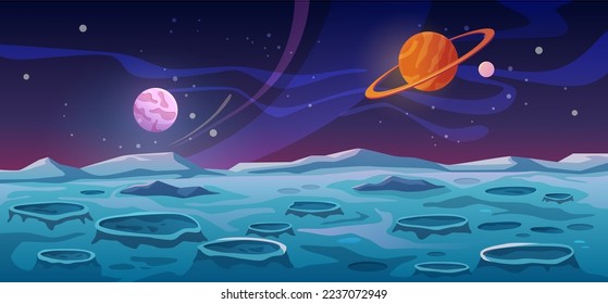 Paisaje de la luna, entorno de fantasía o ubicación, fondo con planetas y cuerpos celestes, estrellas y universo. Cárter en la superficie, ilustración vectorial