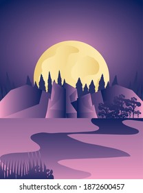 landscape moon forest under a purple night sky vector illustration