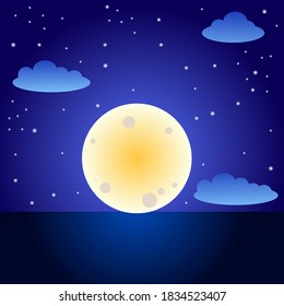 Landscape with the moon, stars and clouds against the background of the night sky. Flat. Use for posters, banners, web designs, advertisements. Vector.