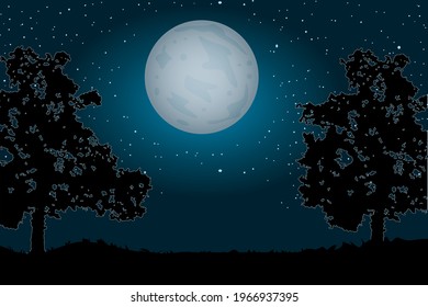 Landscape with moon, trees silhouettes and path. Night sky and moonlight. Evening scenery in the countryside with full moon and starry sky. Alley of the empty  park at dusk time. Vector illustration