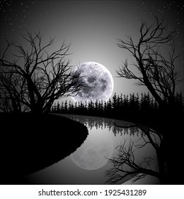 Landscape. Moonlit night in the forest. Abstract vector illustration of a forest river surrounded by trees and firs with reflection. Poster, blank.