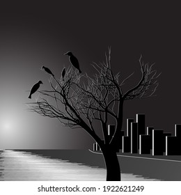 Landscape moonlit night. A tree with birds. Abstract vector illustration of a bright moonlit night with birds on a tree and a moonlight path on the water. Poster postcard.
