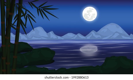 Landscape moonlit night vector illustration with river , bamboo tree, mountain, rock and full moon.