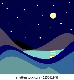 Landscape. Moonlit night. Vector illustration.