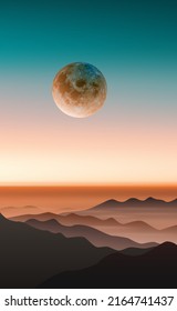 Landscape morning in the mountains. Vector illustration of a dawn in the mountains with a view of the moon in the rays of the morning sun. Sketch for creativity.
