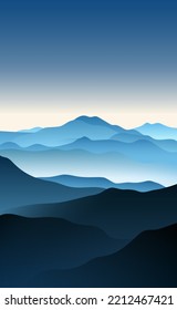 Landscape. Morning in the mountains. Vector illustration of a mountain landscape at sunrise in a haze of fog. Sketch for creativity.