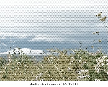 paisagem mosaico prado, nuvens, grama, montanha de outono, vetor de fundo