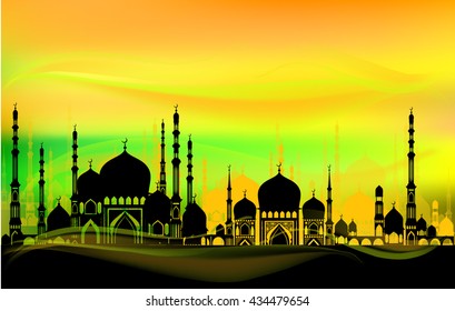  Landscape with a mosque. background bright colored sky. Islamic motifs. vector illustration. beautiful greeting card