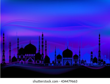  Landscape with a mosque. background bright colored sky. Islamic motifs. vector illustration. beautiful greeting card