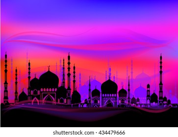  Landscape with a mosque. background bright colored sky. Islamic motifs. vector illustration. beautiful greeting card