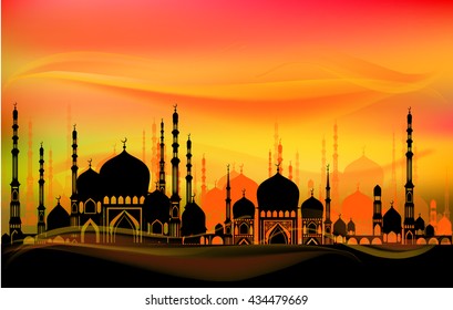 Â  Landscape with a mosque. background bright colored sky. Islamic motifs. vector illustration. beautiful greeting card