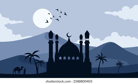 Landscape of mosque in the desert scenery for Ramadan. Panoramic view of sandy desert with muslim walking alongside camel. Vector illustration of scenic arabian desert for Ramadan Mubarak celebration